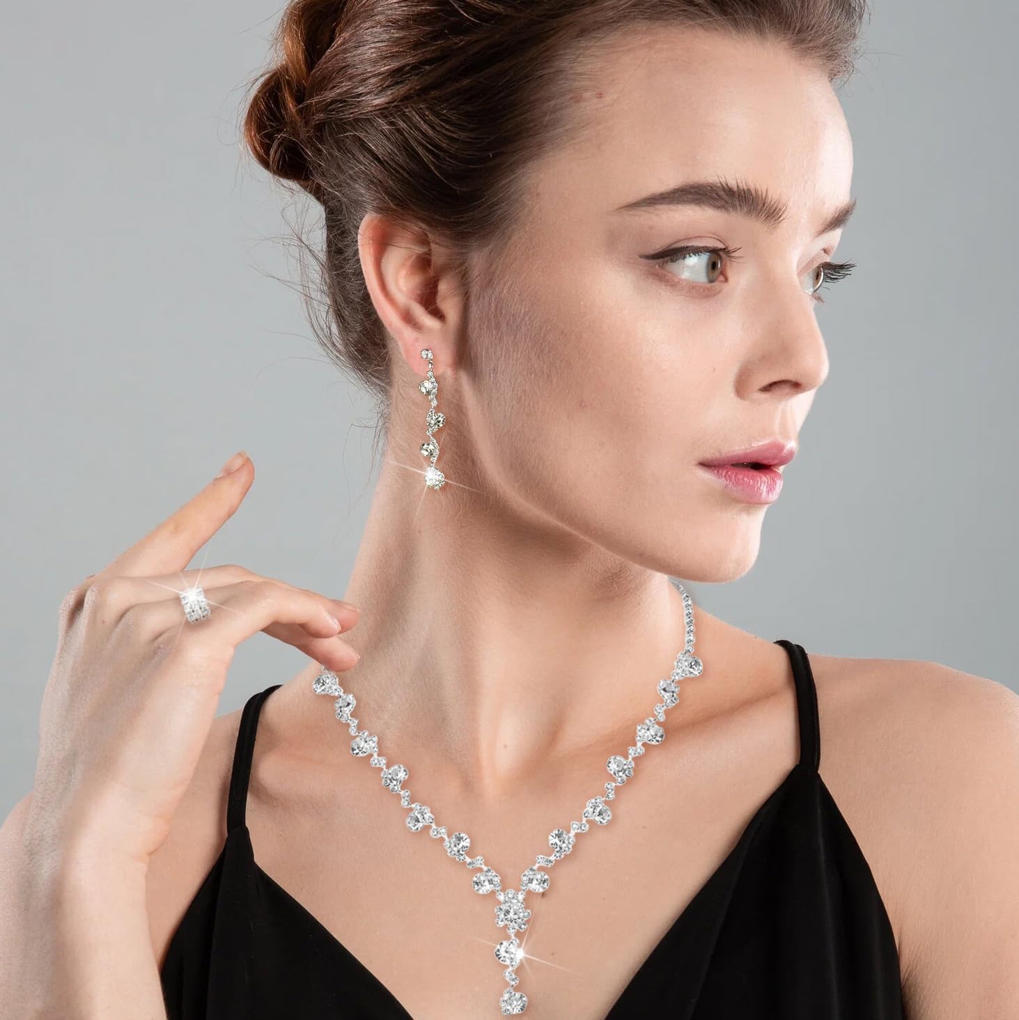 10 Pcs Silvery Rhinestone Jewelry Set for Women Bride Wedding Prom Jewelry Evening Rhinestone Sparkly Clutch Purse Bag