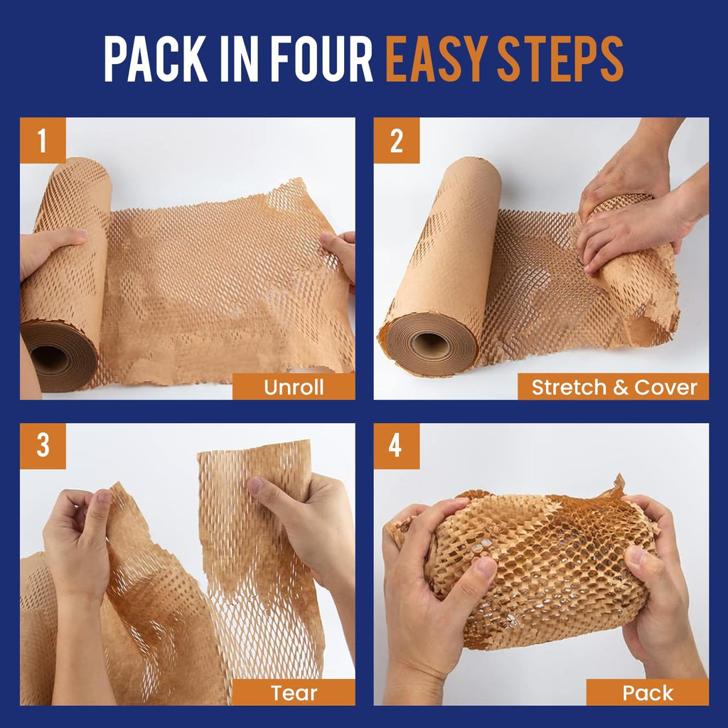Honeycomb Packing Paper For Moving 12" x 150ft With Rope & Fragile Stickers | Eco Friendly Shipping & Moving Paper