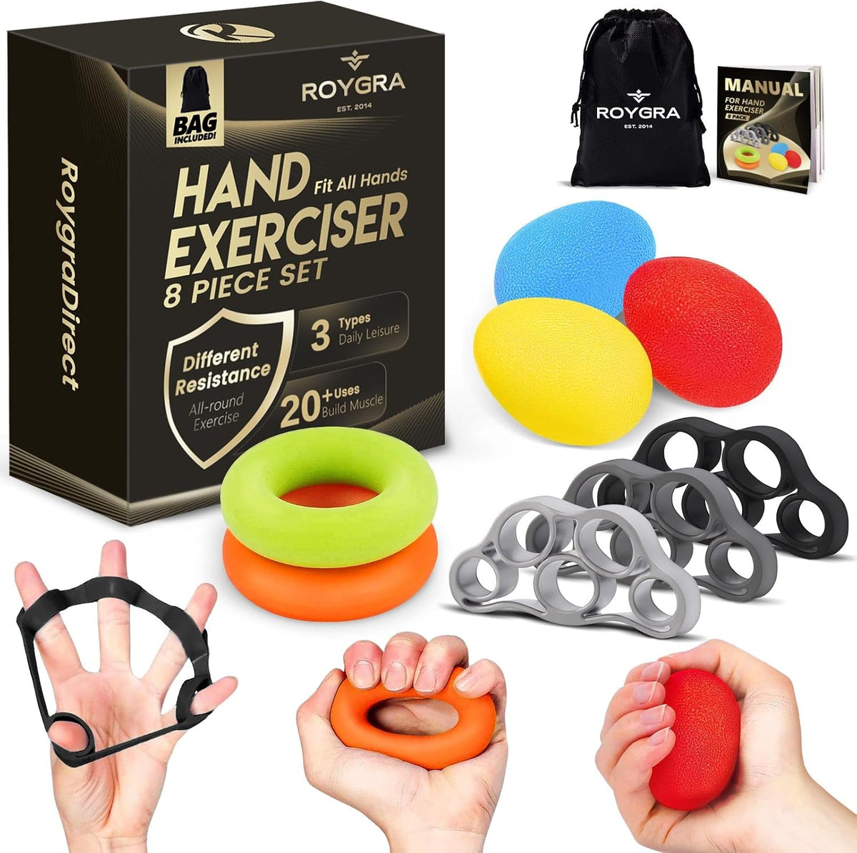 Grip Strength Trainer (8 Pack), Complete Hand Strengthening Devices