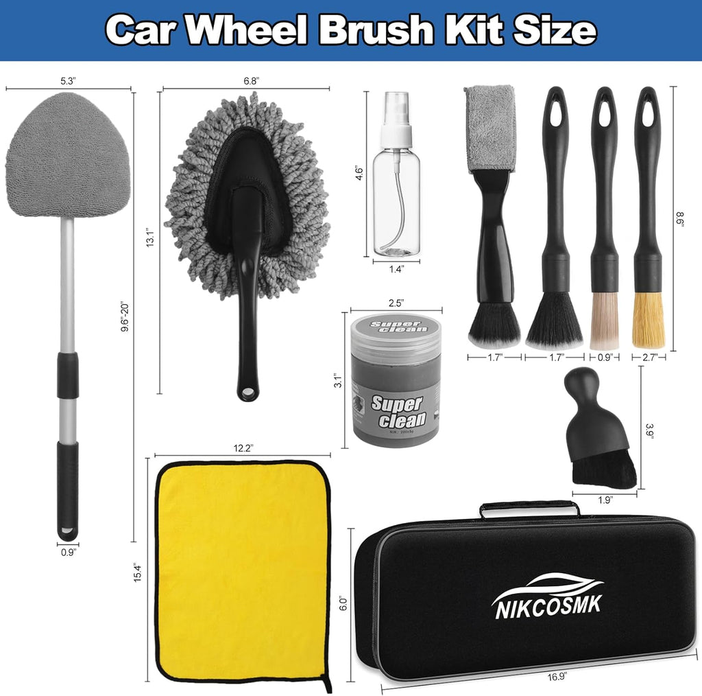 Windshield Cleaner Tool, 14Pcs Car Cleaning Kit - Car Interior Detailing Kit with Extendable Handle, Cleaning Gel &