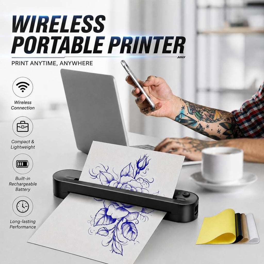 Tattoo Stencil Printer, Bluetooth Stencil Printer, Support Custom Print Sizes A4-A10, Wireless Tattoo Machine with 10