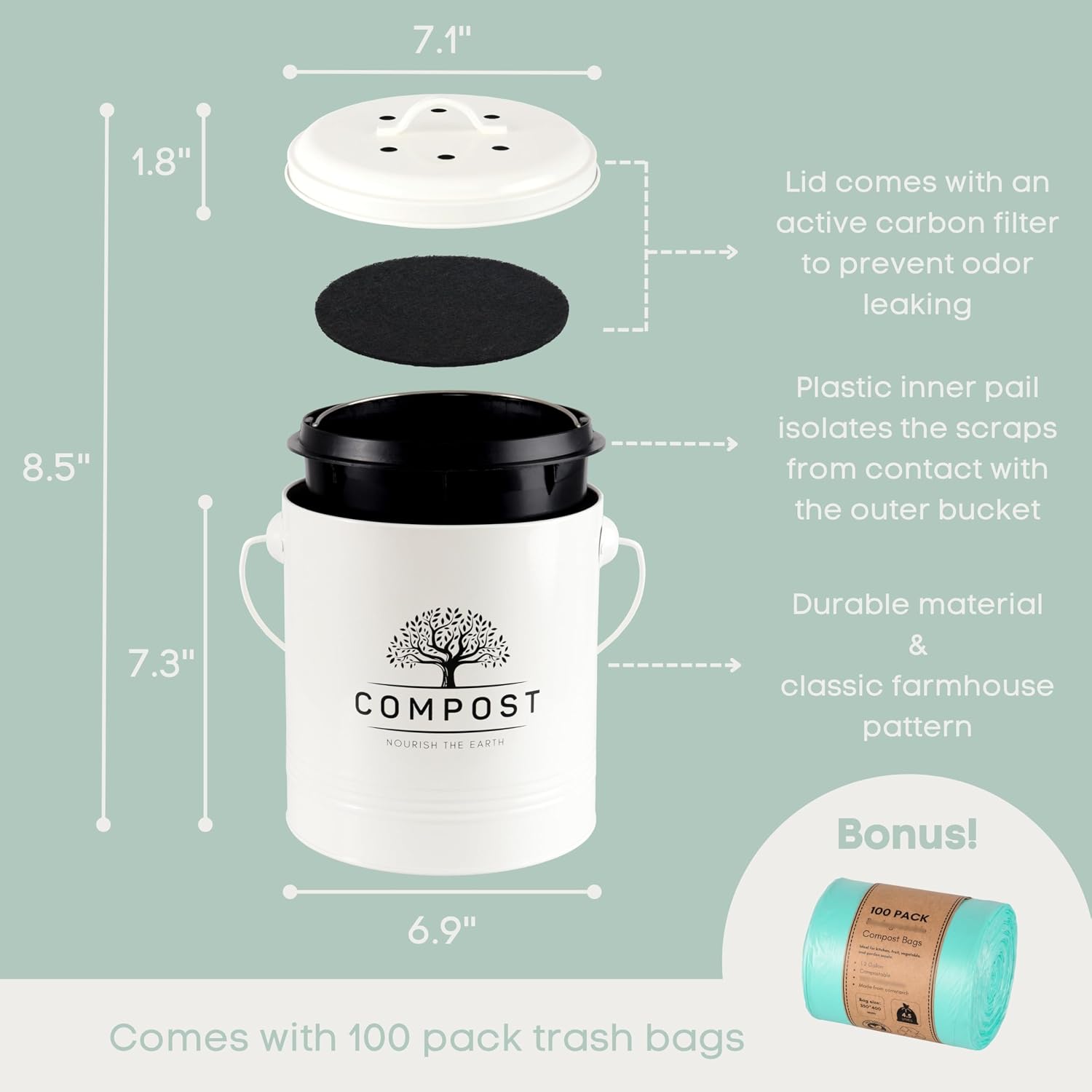 Kitchen Compost Bin, 1.3 Gallon Countertop Compost Bin with Lid, Indoor Compost Bucket Includes Inner Bucket Liner