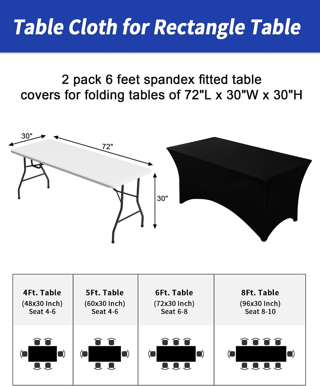 2 Pack 6FT Black Tablecloth Rectangle Spandex Fitted Table Cover