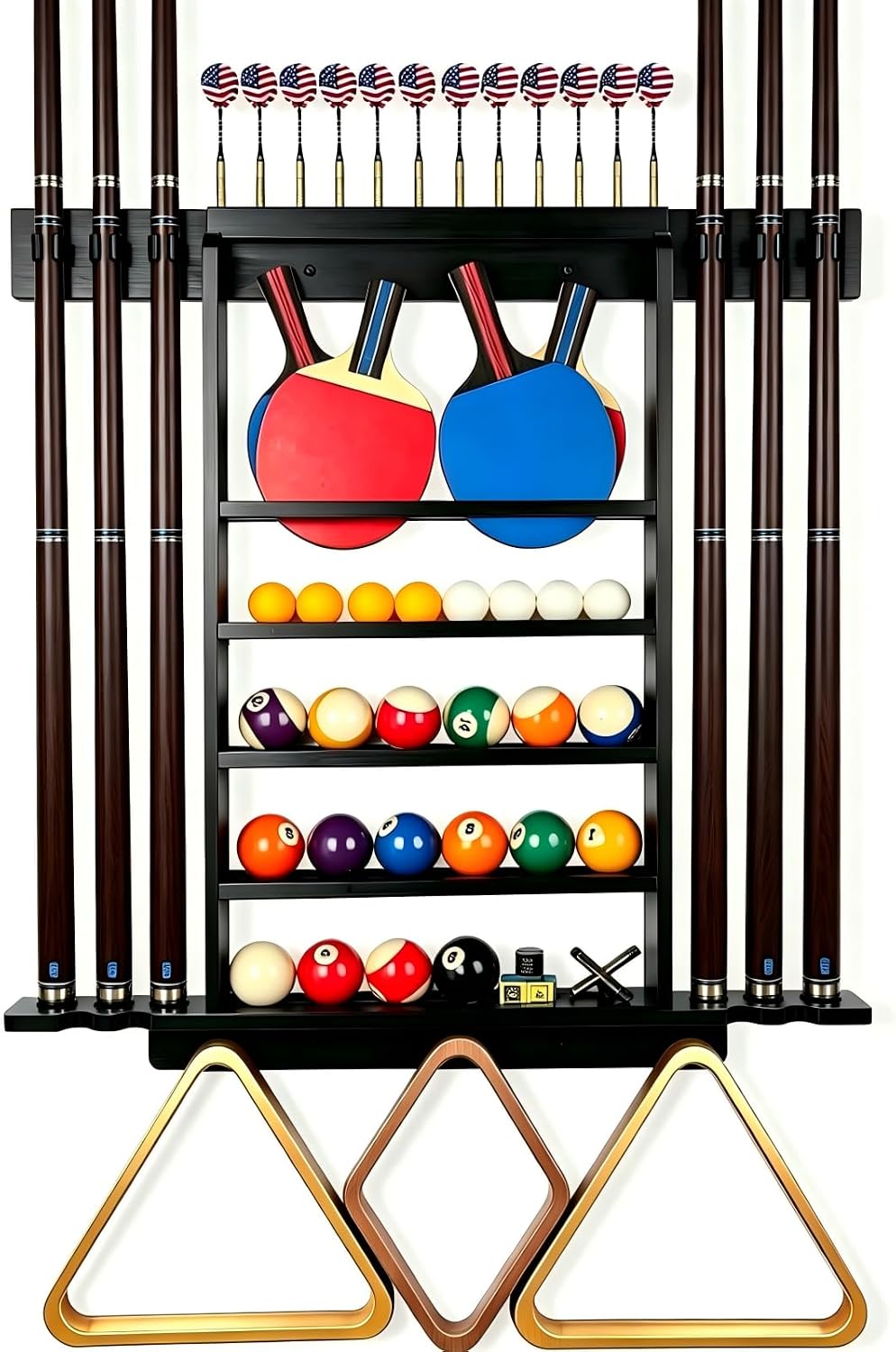 Pool Stick Holder Wall Mount, Pool Cue Rack, Ping Pong Paddle Holder, Dart Holder 3-IN-1,100% Solid Wood Billiard Cue