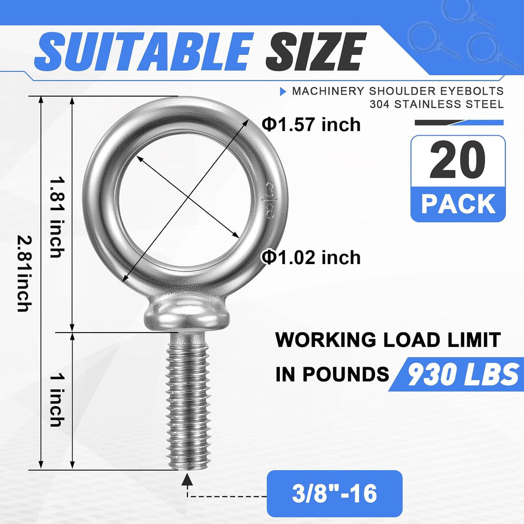 Hicarer 20 Pack Lifting Ring Shoulder Eye Bolt Machinery, 3/8"-16 x 1 UNC