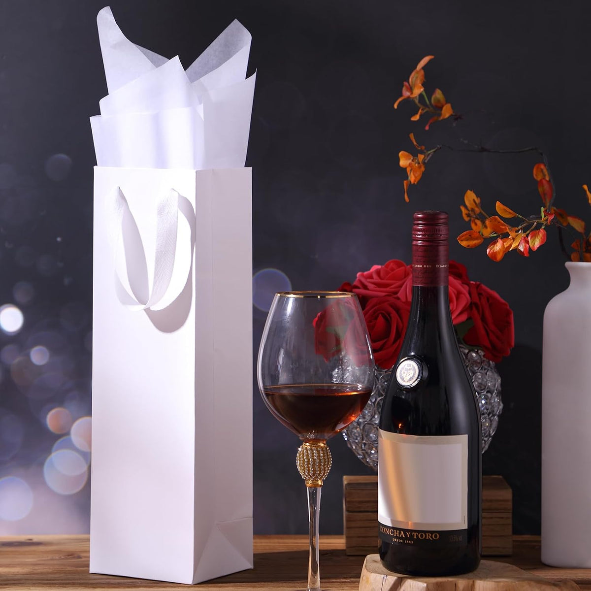12 Pcs Wine Bottle Gift Bag with Handles Tissue Paper, White