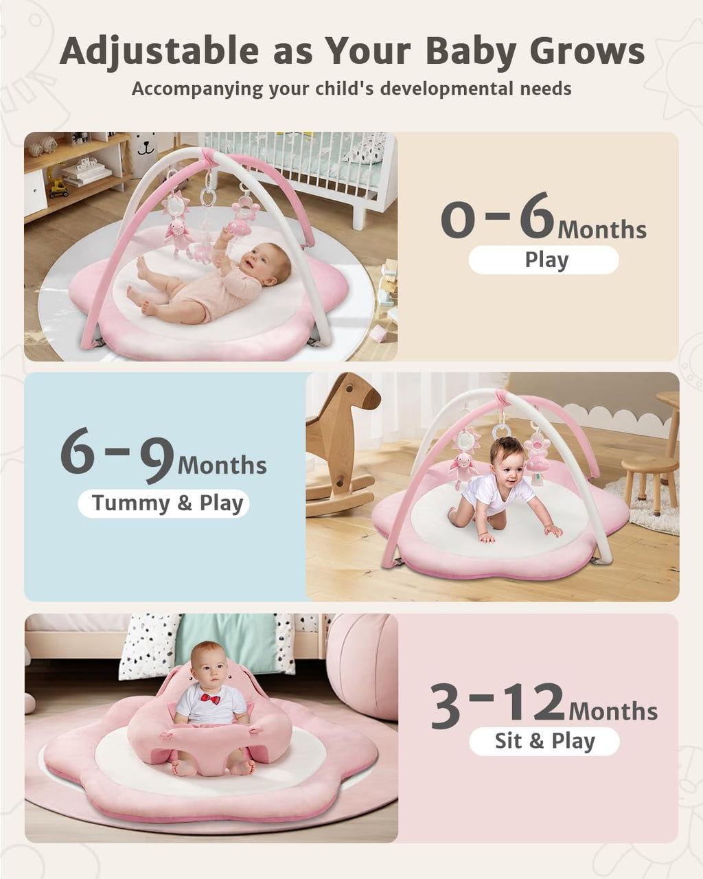 3-in-1 Baby Play Mat, Baby Seats for Infants for Sitting Up, Tummy Time Mat with 5 Detachable Toys, Activity Gym &