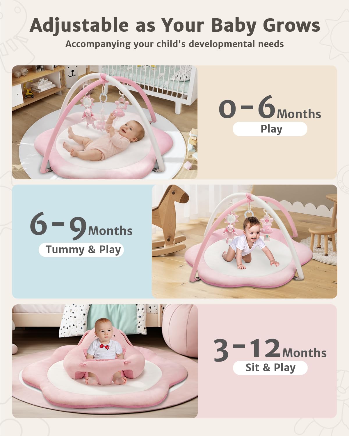 3-in-1 Baby Play Mat, Baby Seats for Infants for Sitting Up, Tummy Time Mat with 5 Detachable Toys, Activity Gym &