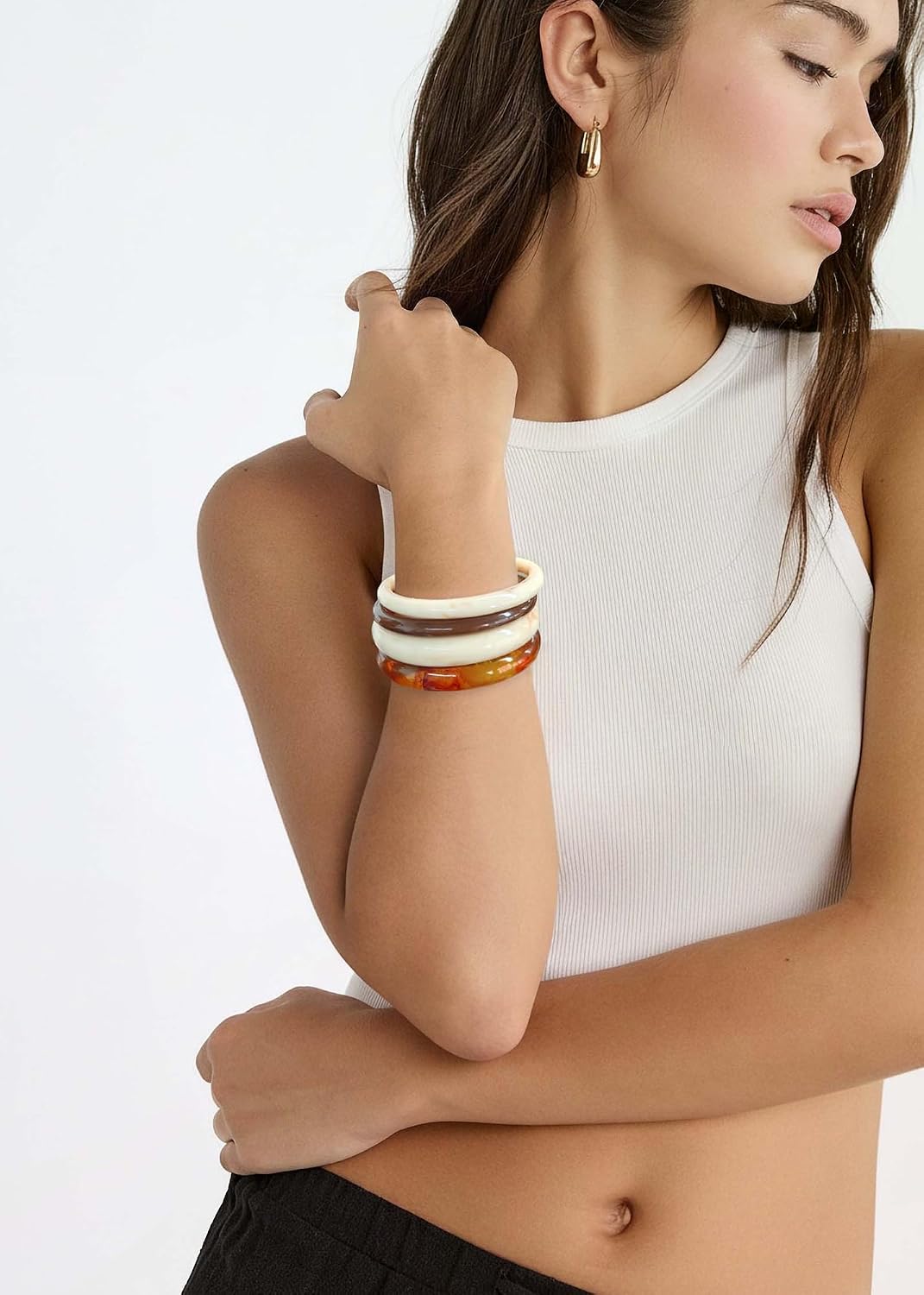 4Pcs Resin Acrylic Bangle Bracelets Set for Women Stackable White Brown Acetate Resin Bangles Geometric Chunky