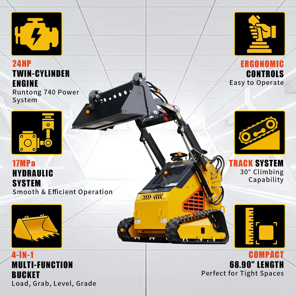 Mini Skid Steer Loader 24HP Gas Stand-On, Compact Track Loader