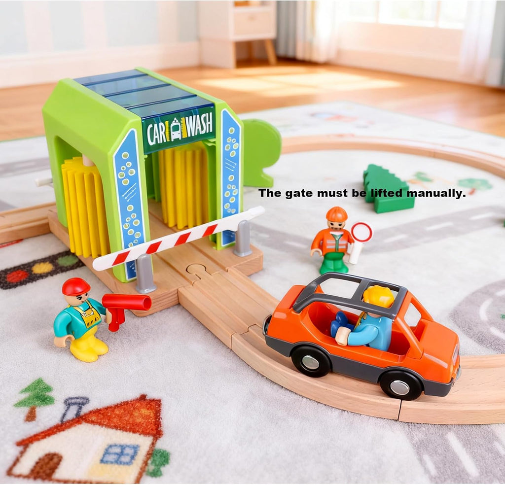 Wooden Car Wash Station with Train Truck,Expansion Pack Compatible with Railway Train Set,Wooden Toy Train Accessory