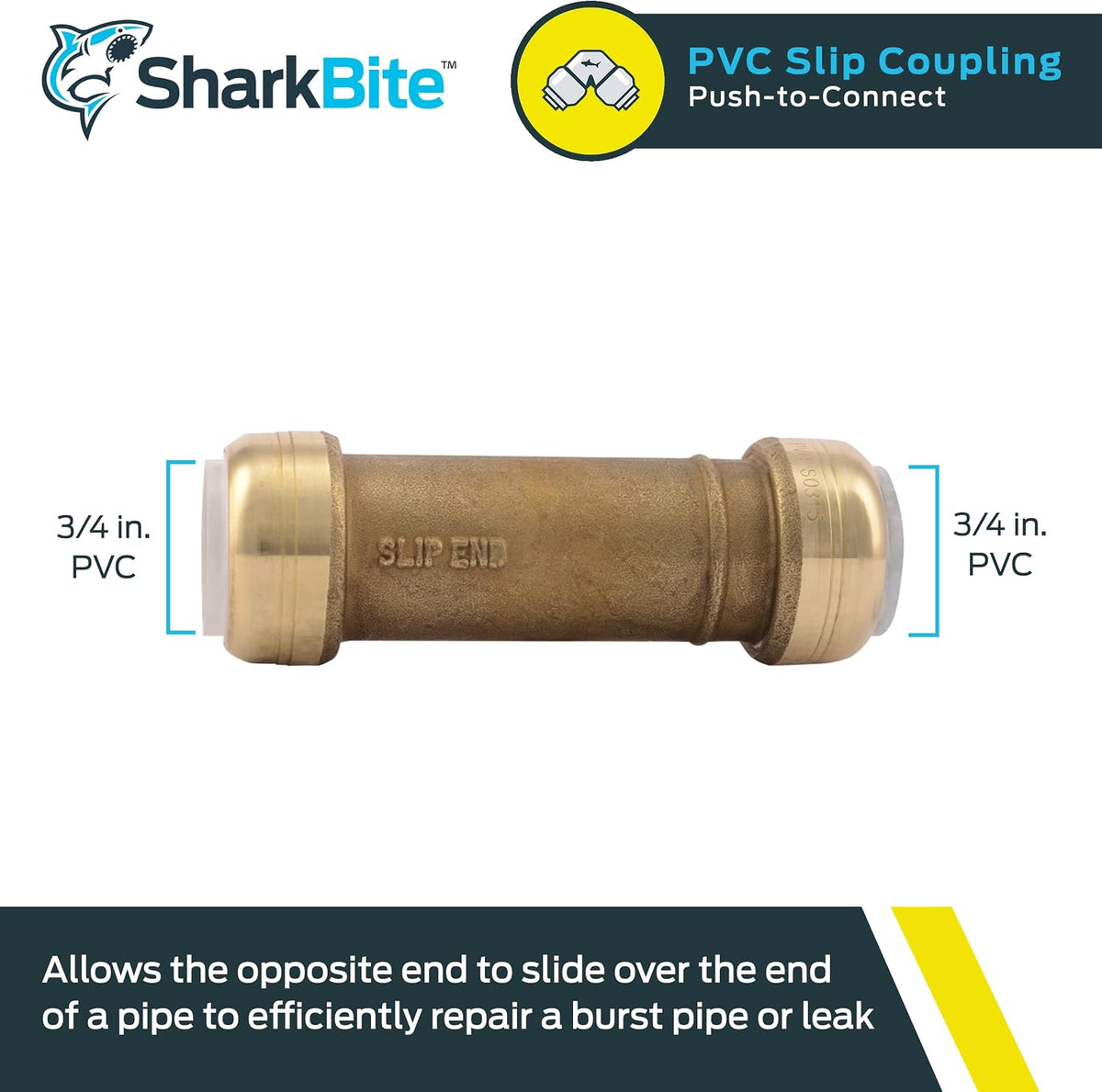 SharkBite 3/4 Inch PVC Slip Coupling, Push to Connect Brass Plumbing Fitting, PVC Pipe, UIP3016A