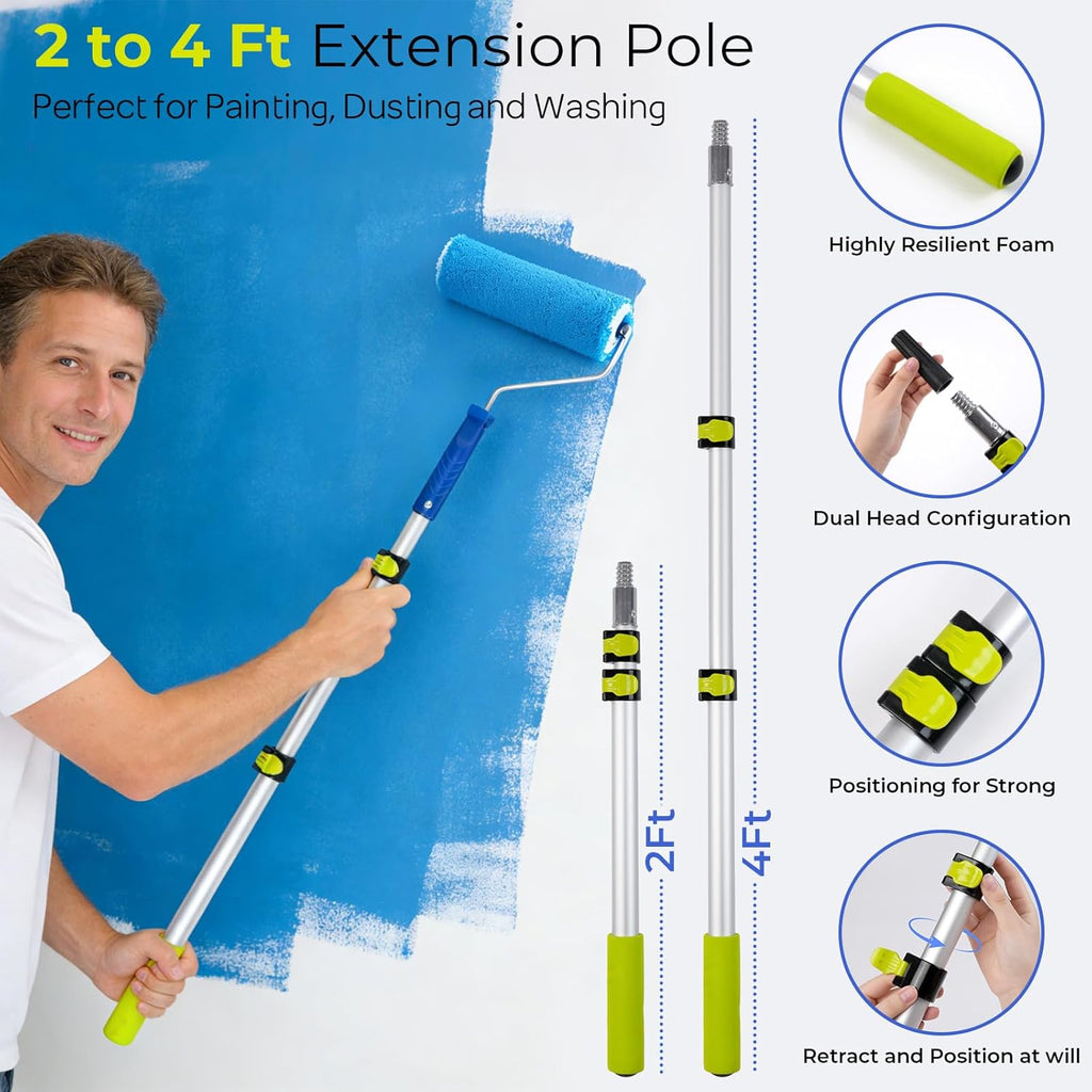 34PCS Paint Roller Kit with 2 to 4 Ft Extension Pole, 4" & 9" Paint Rollers with 11'' Tray, Paint Brushes, Painting