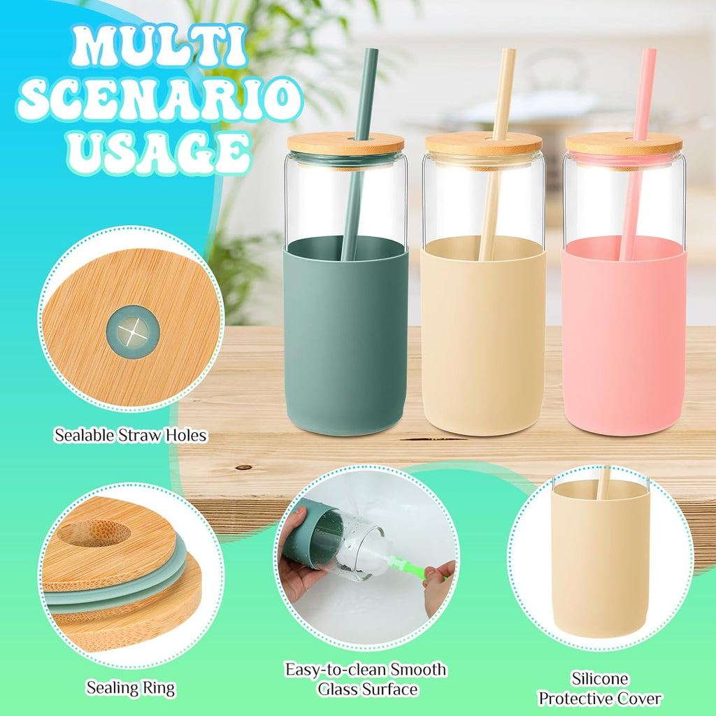 4 Pack 20 oz Glass Cups with Lids and Straws, Iced Coffee Cup Smoothie Cup with Silicone Sleeve Drinking Glasses