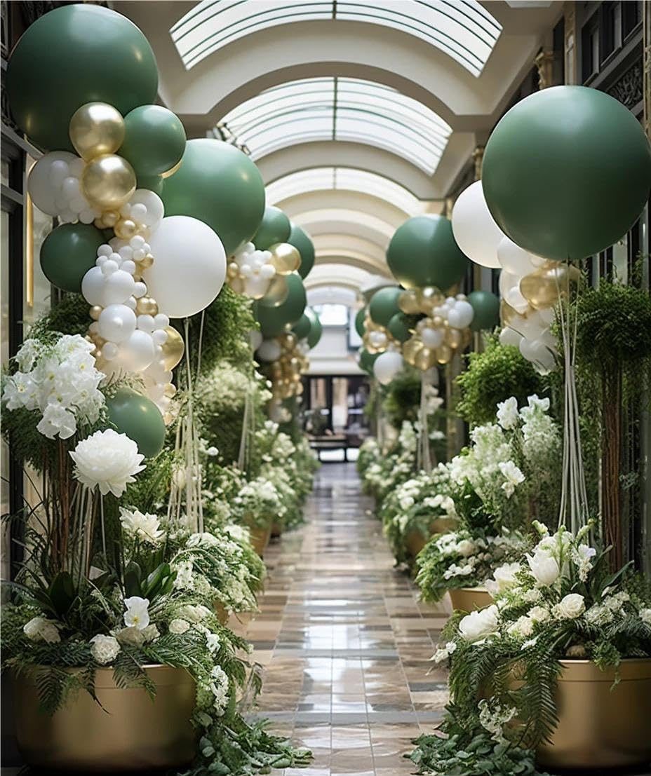 Sage Green White Gold Balloon Garland Arch Kit, 146Pcs Latex Balloons Different Sizes 18 12 10 5 Inch for Birthday