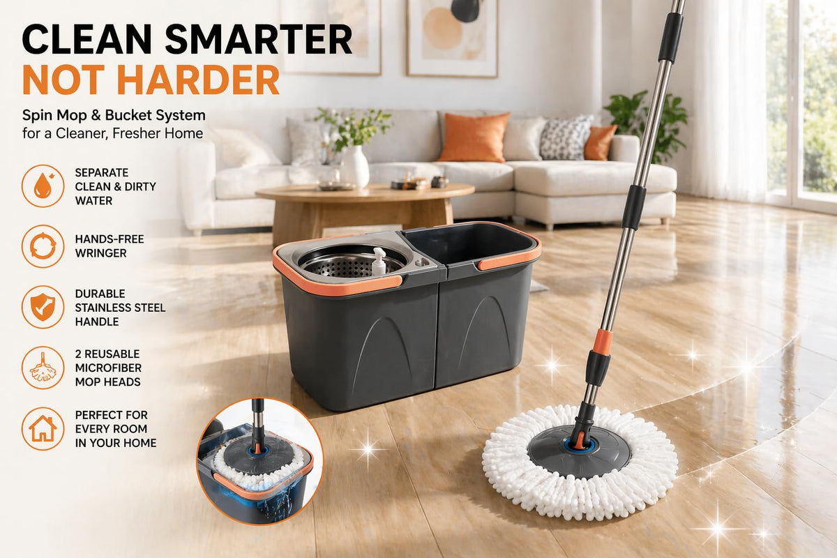 Spin Mop Bucket System with Wringer, Stainless Steel Telescopic Handle, Dual-Chamber Bucket, 2 Reusable Microfiber