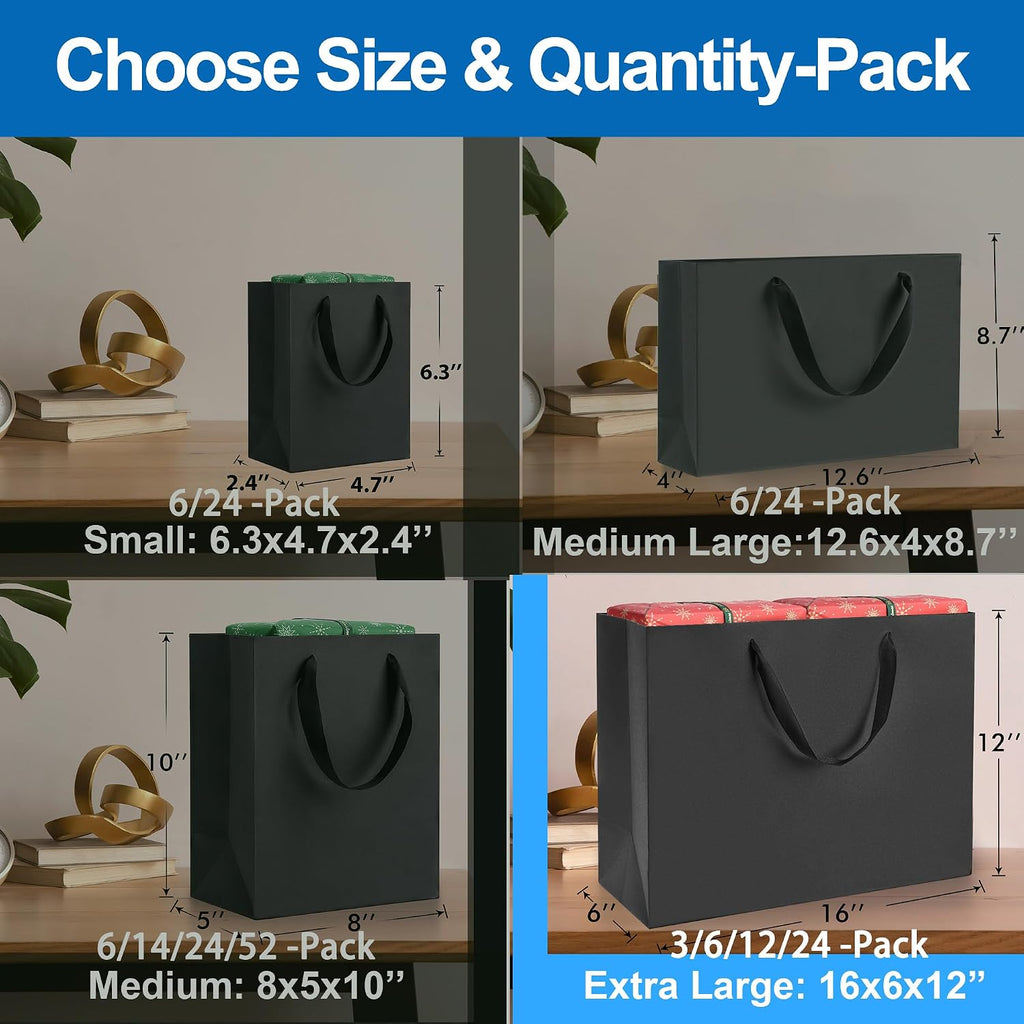 12Pcs Extra Large Black Gift Bags With Handles 16x6x12 Inch