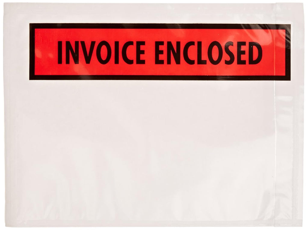 PL463 Poly Full Face Document Envelope, Legend"Invoice Enclosed", 4-1/2" Length x 6" Width, 2 mil Thick, Red/Black on