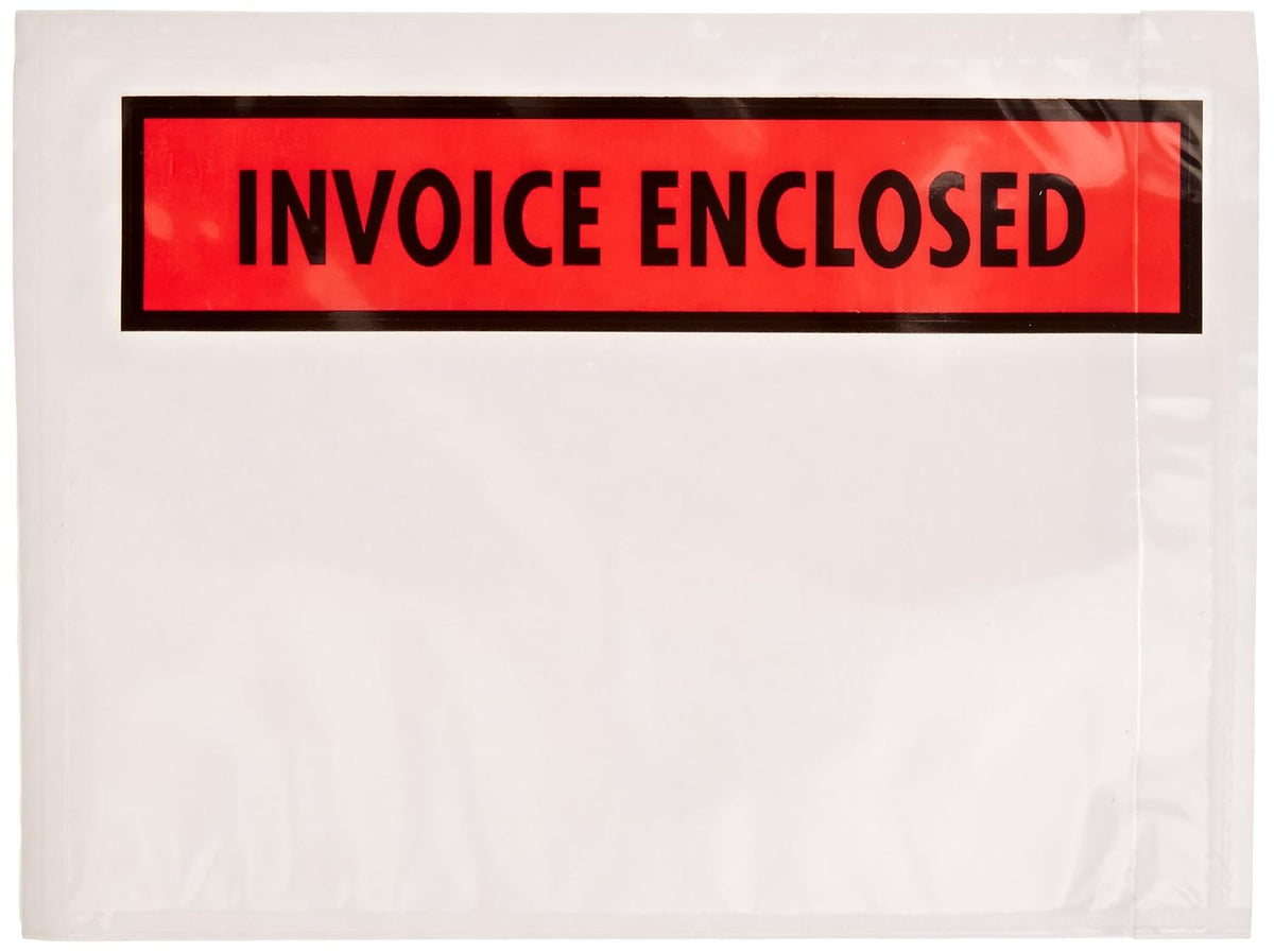 PL463 Poly Full Face Document Envelope, Legend"Invoice Enclosed", 4-1/2" Length x 6" Width, 2 mil Thick, Red/Black on