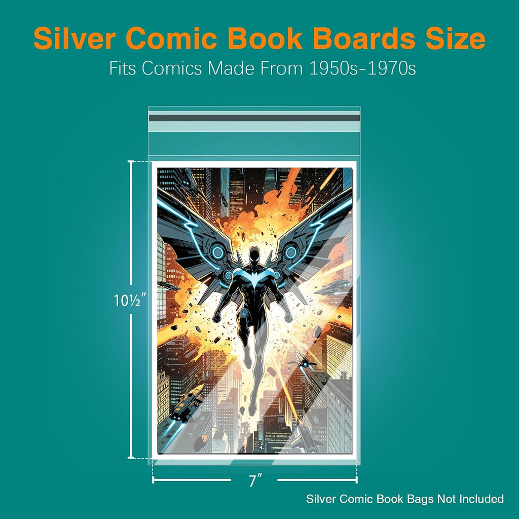 100ct Silver Comic Backing Boards - 24PT Acid-Free Rigid Protector Sheets | 7" x 10.5" Regular Comics Boards