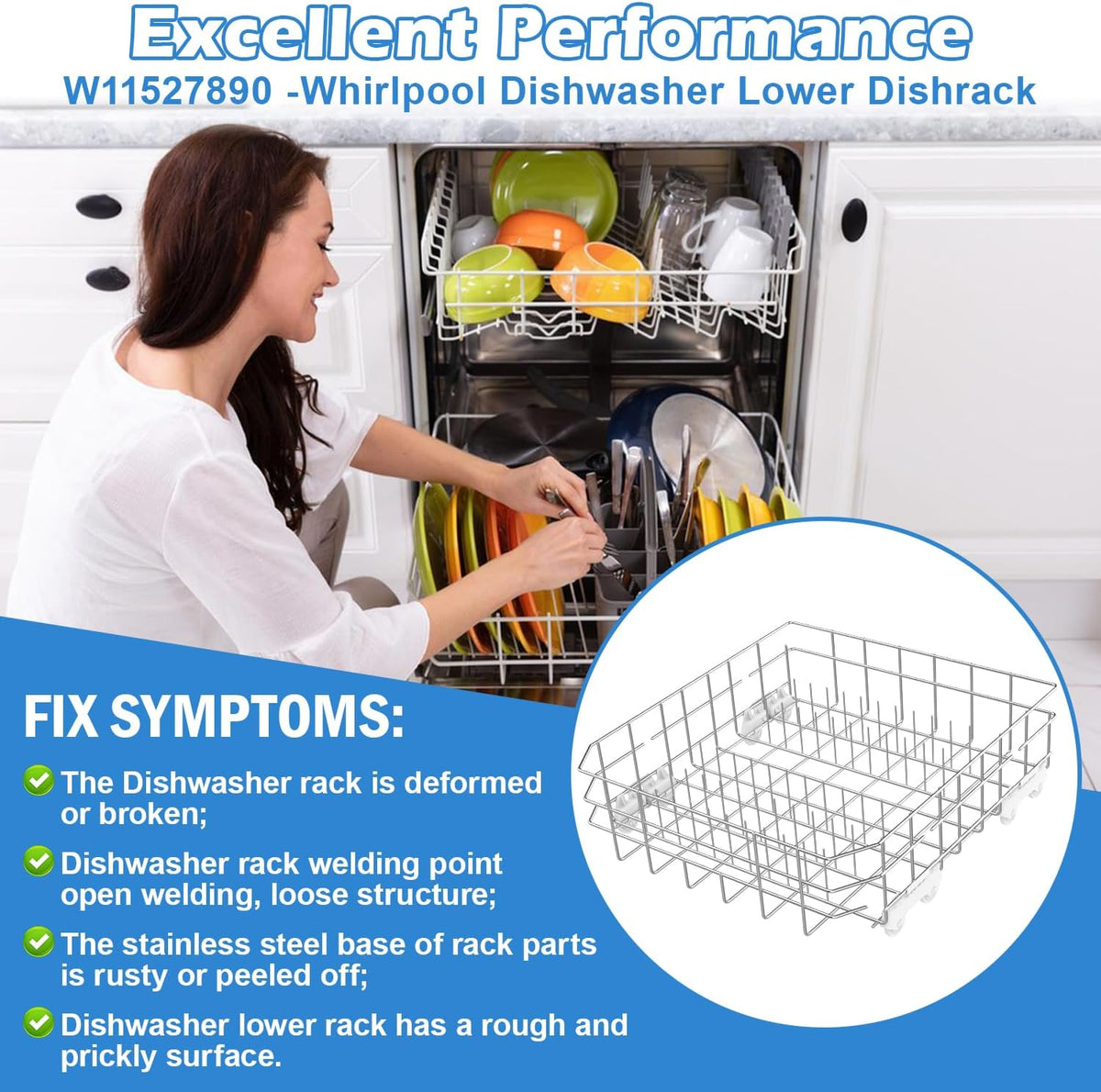 W11527890 Dishwasher Rack Replacement for Whirlpool Dishwasher Rack Parts