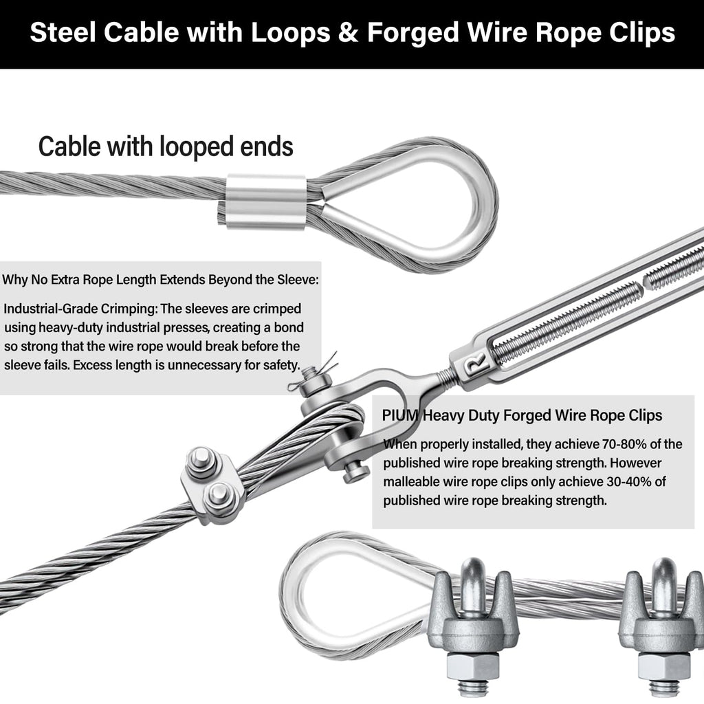 1/4" Steel Cable Kit, Galvanized Wire Rope with Jaw Jaw Turnbuckles, PIUM 7x19 Strands Steel Cable with 6400 Breaking