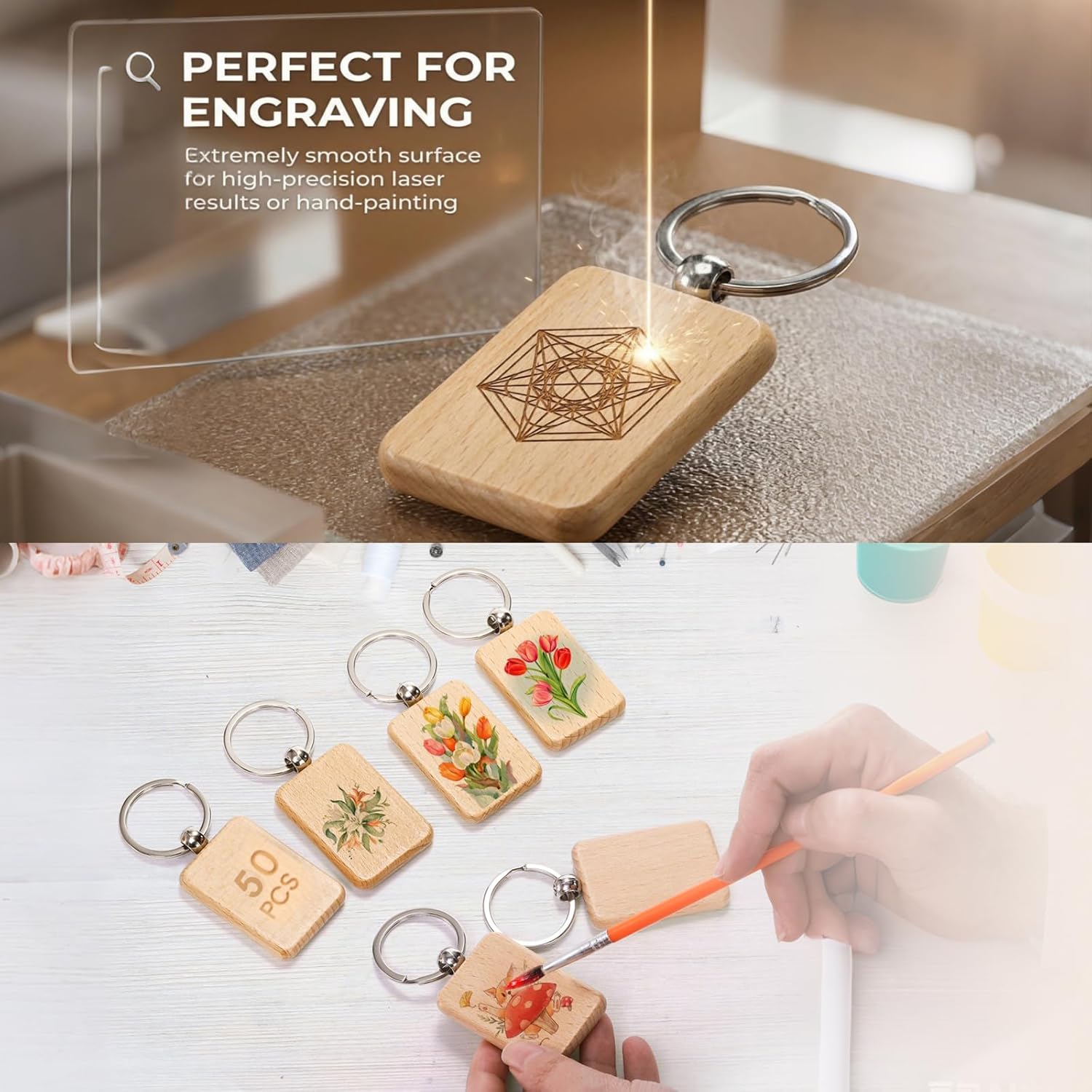 50 Pieces Wood Keychain Blank, Rectangular | Unfinished Laser Engraving Blanks with Key Rings, Keychain Ring Tag Wood