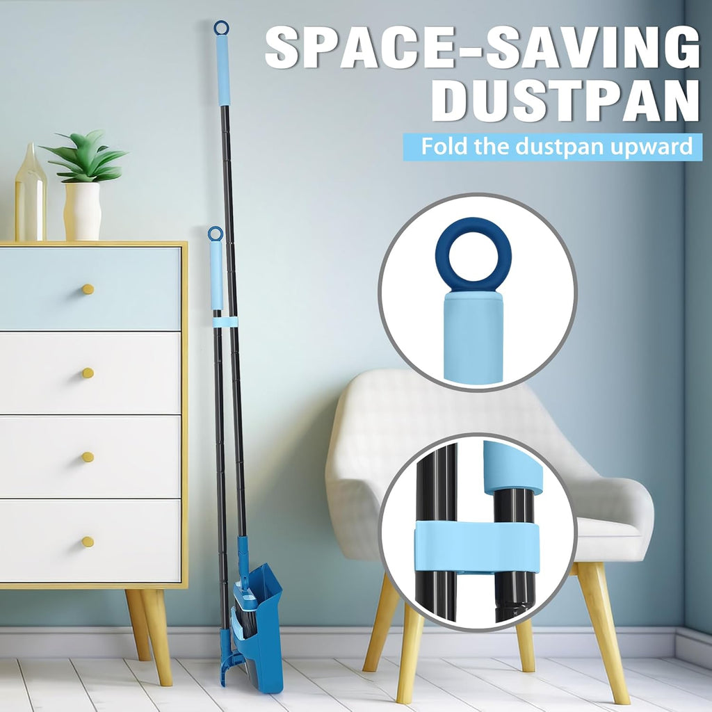 Dustpan and Brush Set, 54 inches Long Handle Swivel Broom, Upright Foldable Dust Pan with Comb Teeth for Home Kitchen