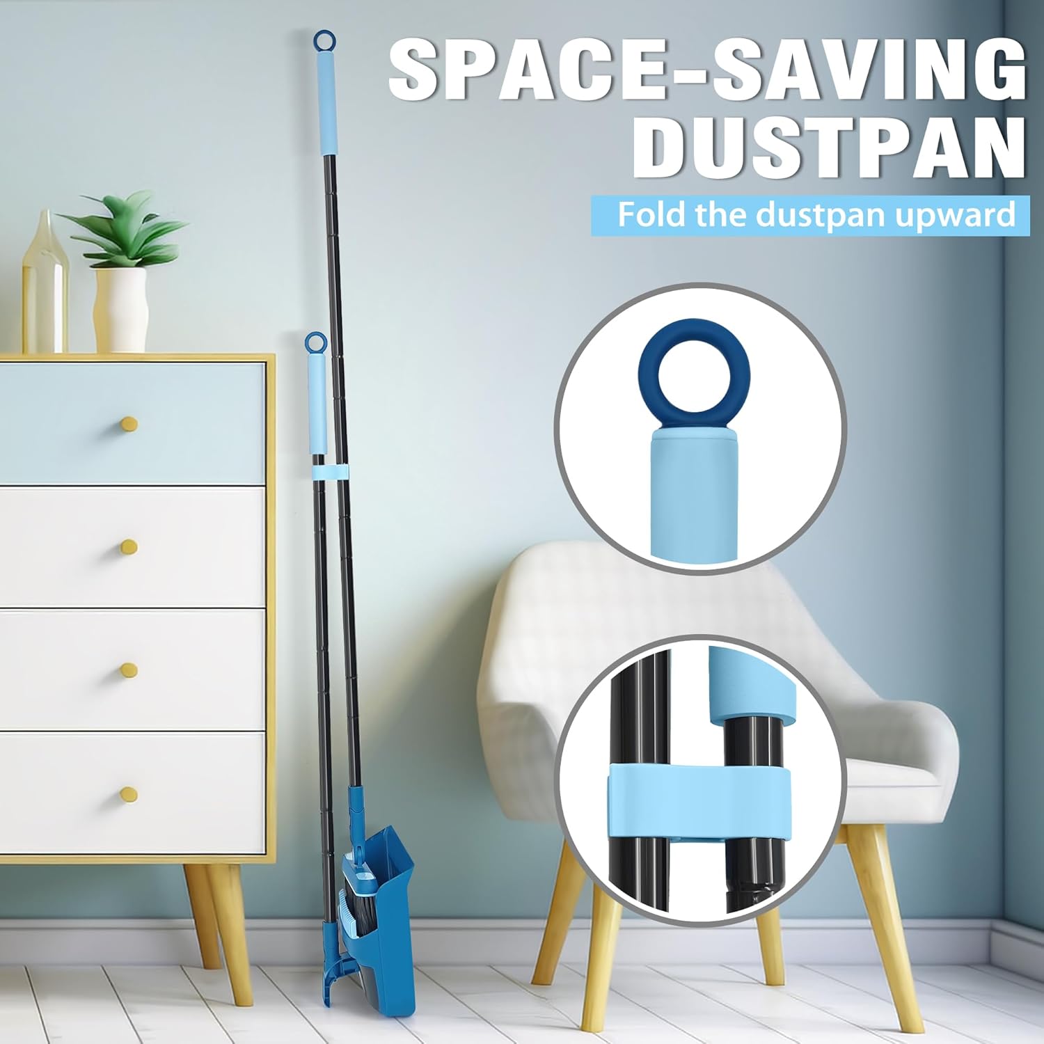 Dustpan and Brush Set, 54 inches Long Handle Swivel Broom, Upright Foldable Dust Pan with Comb Teeth for Home Kitchen