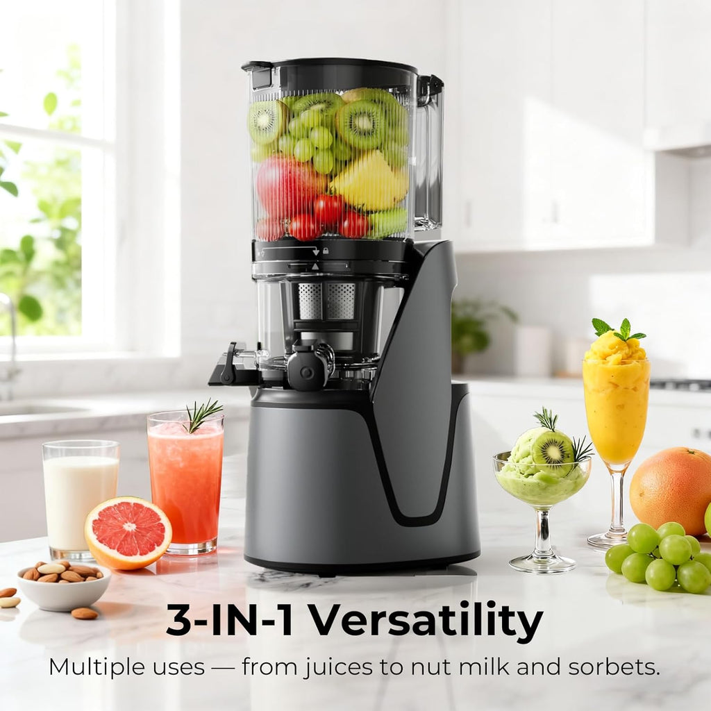 Juicer Machines, 3-in-1 Cold Press Juicer, Premium Gray | Makes Juice, Nut Milk & Sorbet, 6.5" Extra Large Chute