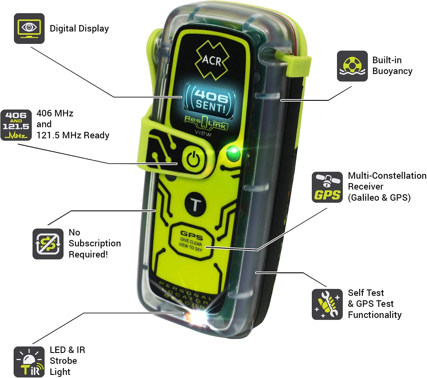 ResQLink View PLB425 - Buoyant GPS Personal Locator Beacon - 2922 | Global SOS Beacon with LCD screen - Alerts Search