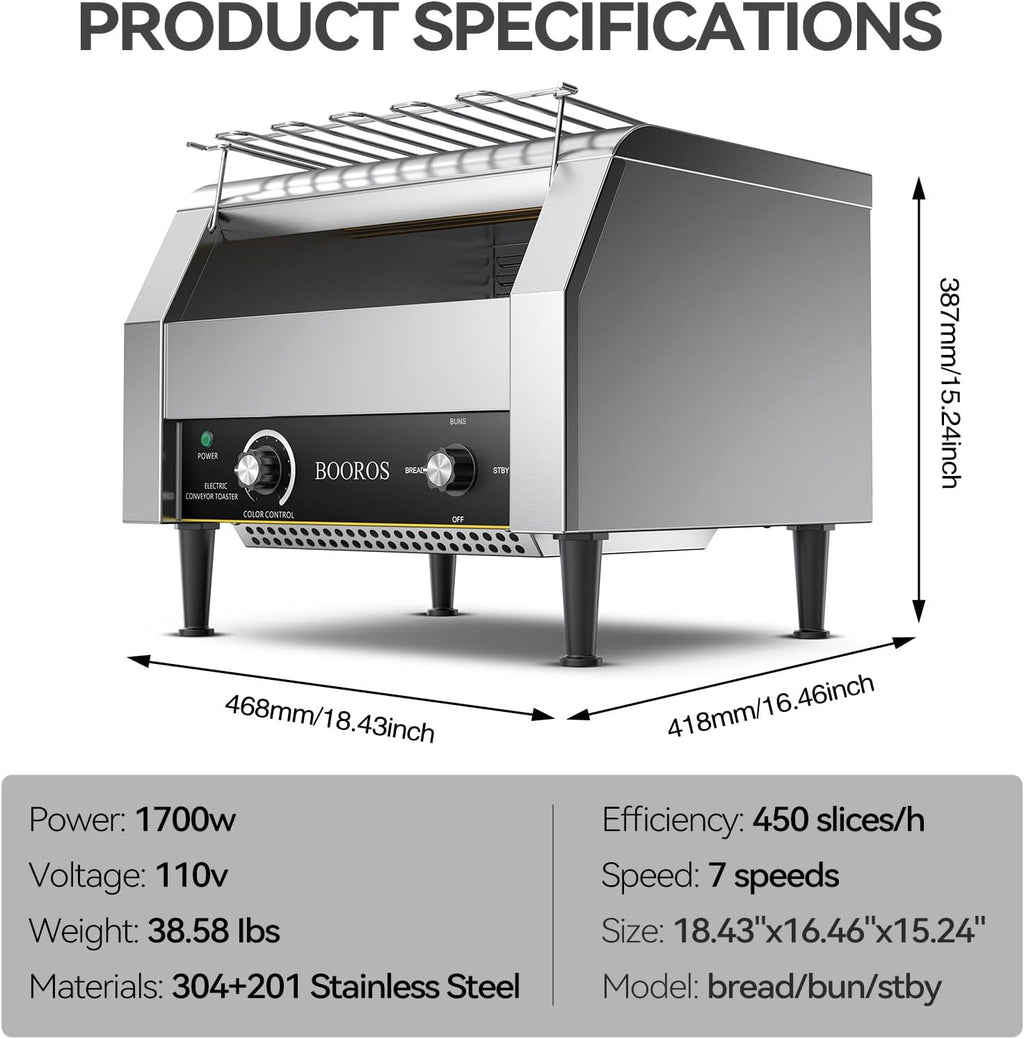 1700W Commercial Conveyor Toaster, 450 Slices/Hour