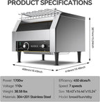 1700W Commercial Conveyor Toaster, 450 Slices/Hour