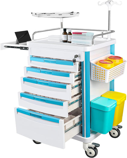 Medical Rolling Storage Crash Cart with Wheels & Drawers, Mobile Trolley Carts, Ultrasound Nursing Emergency Cart