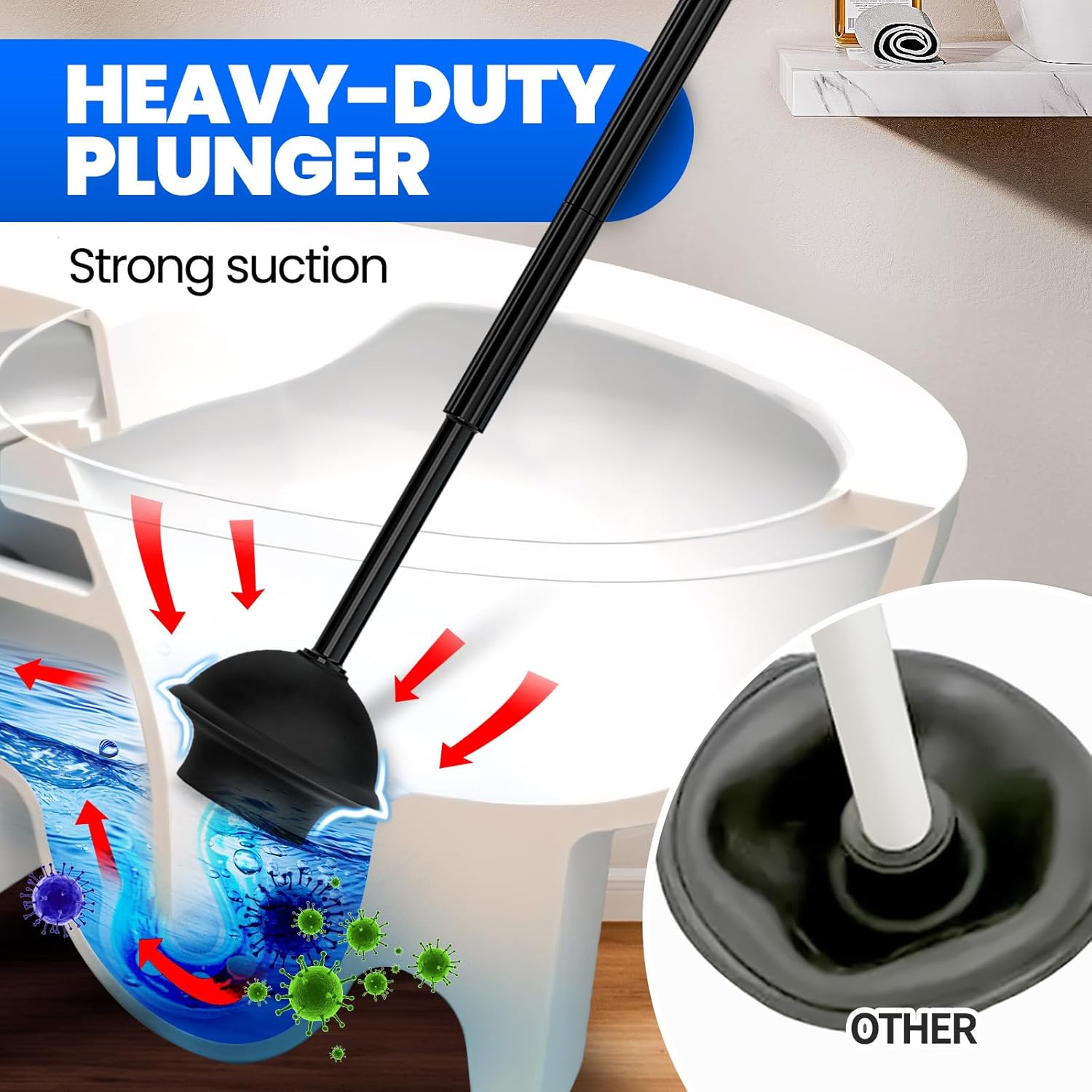 4in1 Toilet Plunger and Brush Set - Home Bathroom Cleaning Tools | 21", Groove Gap Brush, Cleaning Gloves, Heavy Duty