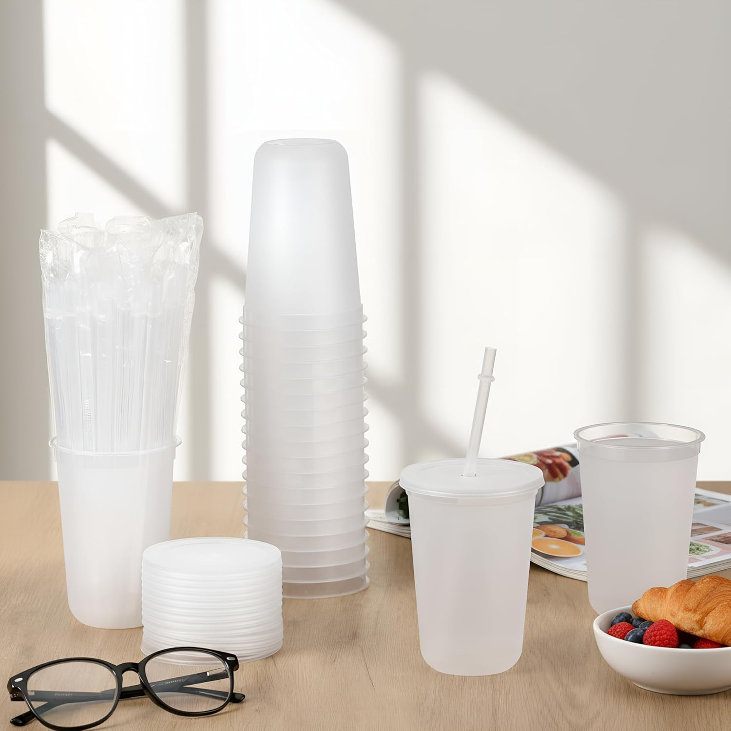 30 Pcs Clear Reusable Cups with Straws and Lids, Plastic Frosted Round Bottom Ice Coffee Cups Travel Mug Tumbler for