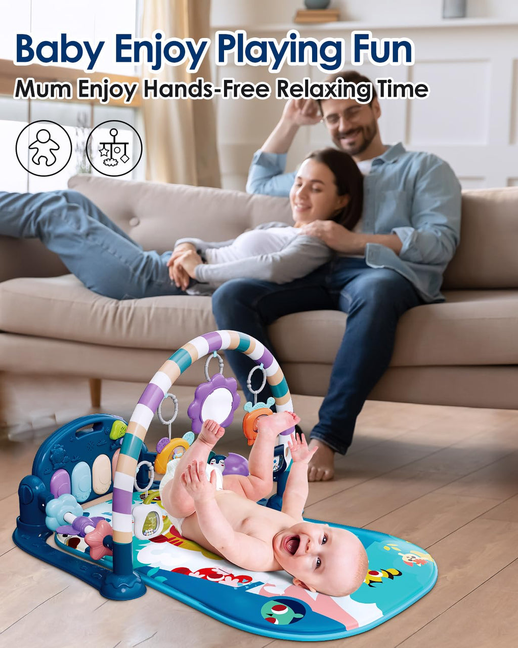 Baby Play Mat Gym, Funny Play Piano Tummy Time Activity Mat with 5 Infant Sensory Toys, Music and Lights, Boy & Girl