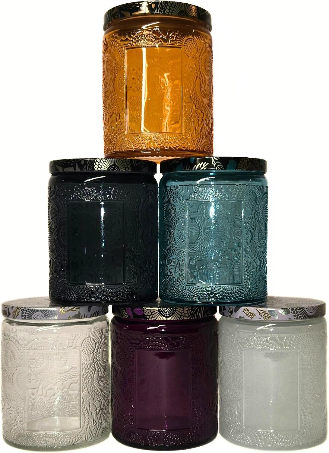 9oz/250ml Embossed Candle Jars – 6 Pack Empty Glass Containers with Tin Lids, Sticker & Warning Labels for Candle