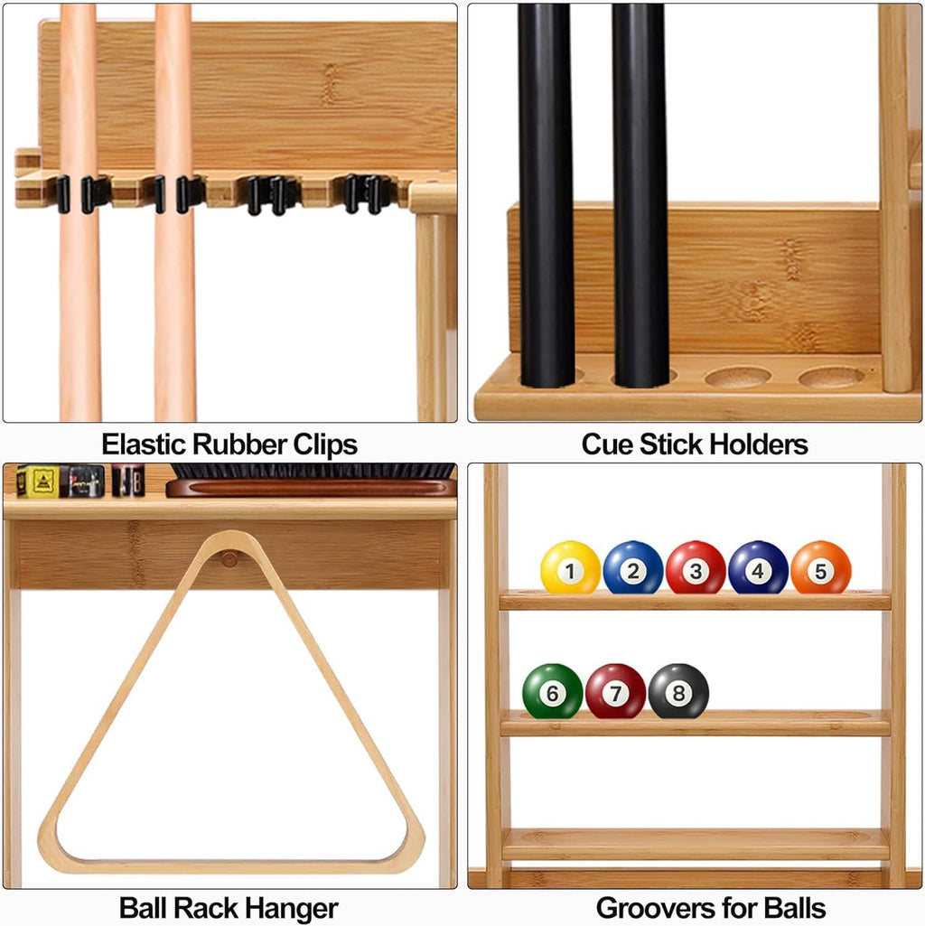 Pool Cue Rack Wall Mount,Cue Stick Holder,Wall Pool Stick Holder,Bamboo | Holds 8 Cues and Full Set of Balls, Pool