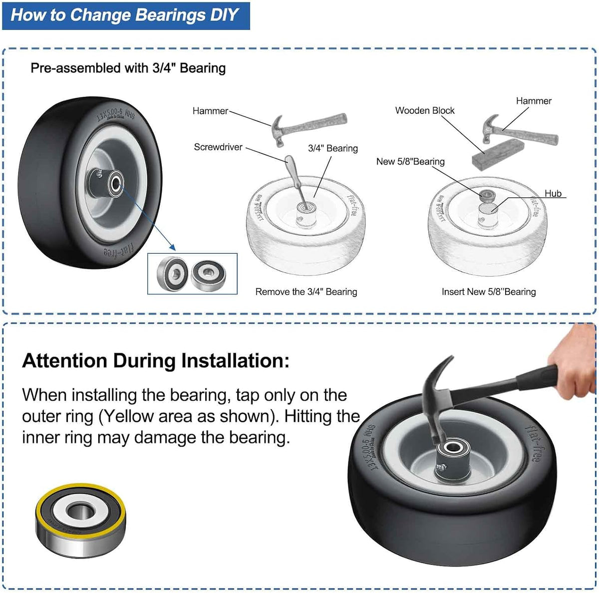 13x5.00-6 Flat Free Tire and Wheel Lawn Mower Tires Gray | Zero Turn Mower Tires with 3/4", 5/8" and 1/2" Bearings
