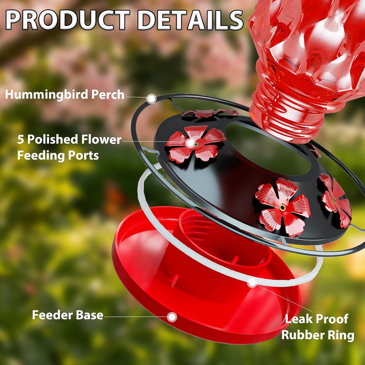 Glass Hummingbird Feeder, Outdoor Hanging, 25 OZ Large Nectar Capacity, Red