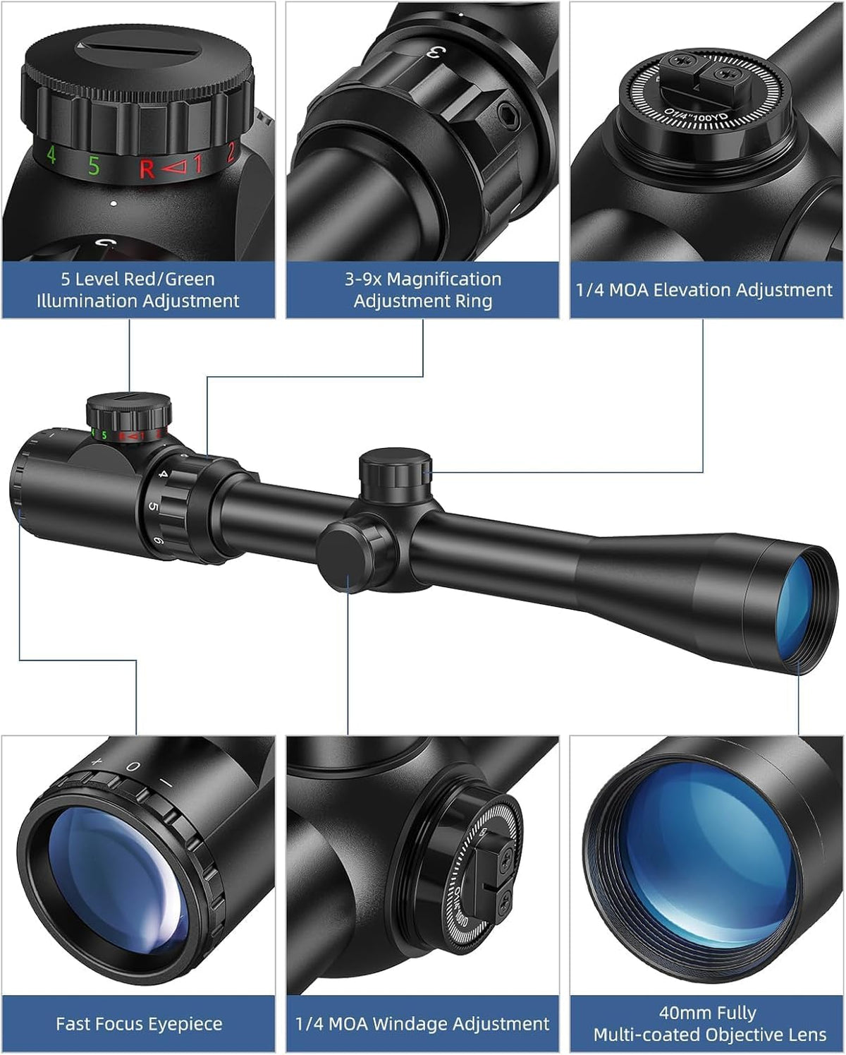 3-9x40 Rifle Scope Red Green Illuminated with Mounts Rifle Scope
