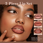 3 Pcs Juicy Nude Lip Kit - Brown Gradient Lip Liner & Nourishing Lipstick & Glossy Lip Gloss, Long-Lasting
