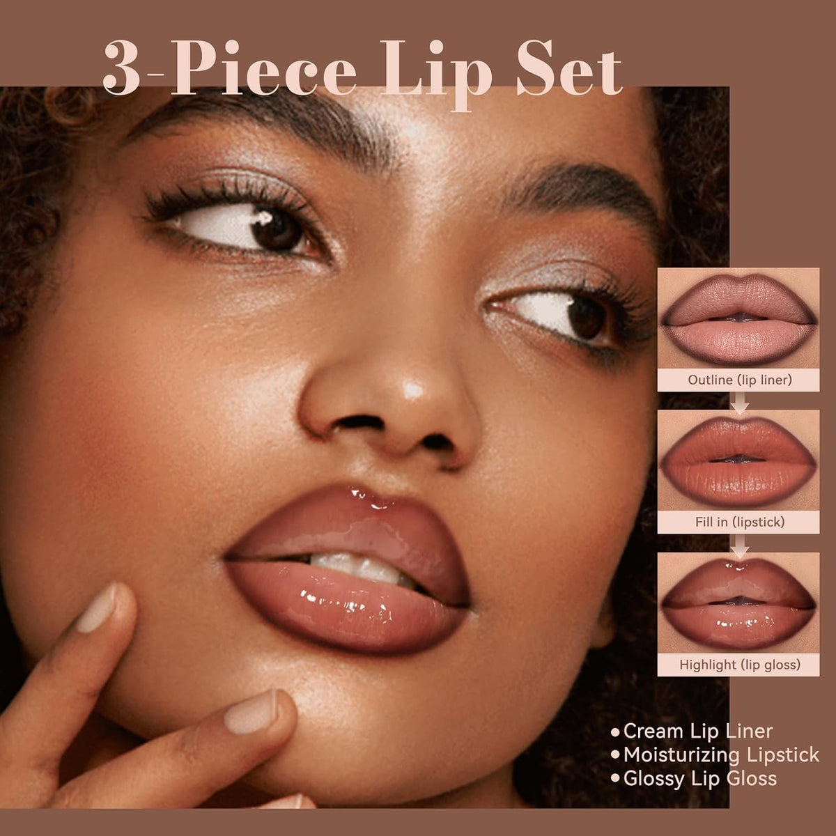3 Pcs Juicy Nude Lip Kit - Brown Gradient Lip Liner & Nourishing Lipstick & Glossy Lip Gloss, Long-Lasting
