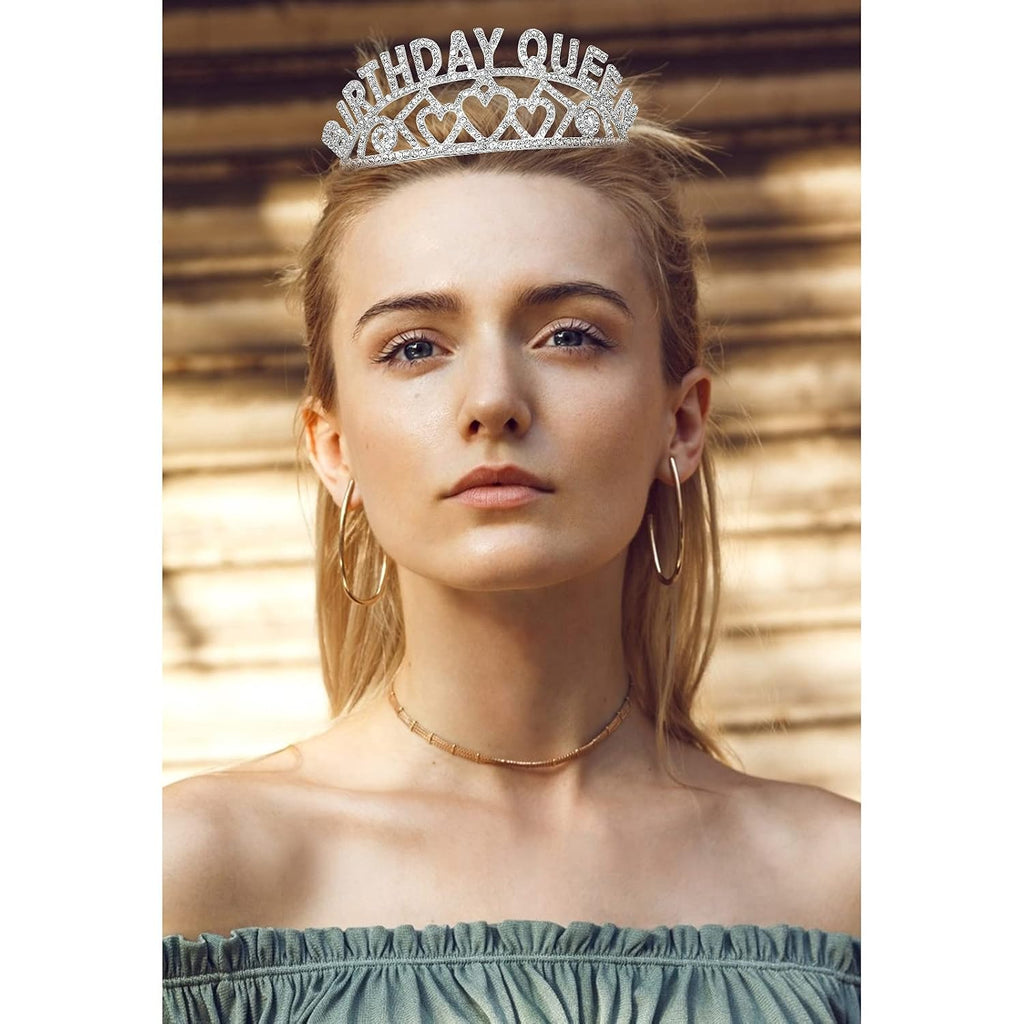 Silver Queen Crown and Sash - Rhinestone Tiara and Sash for Women's Birthday Party Favors - Glitter Decorations