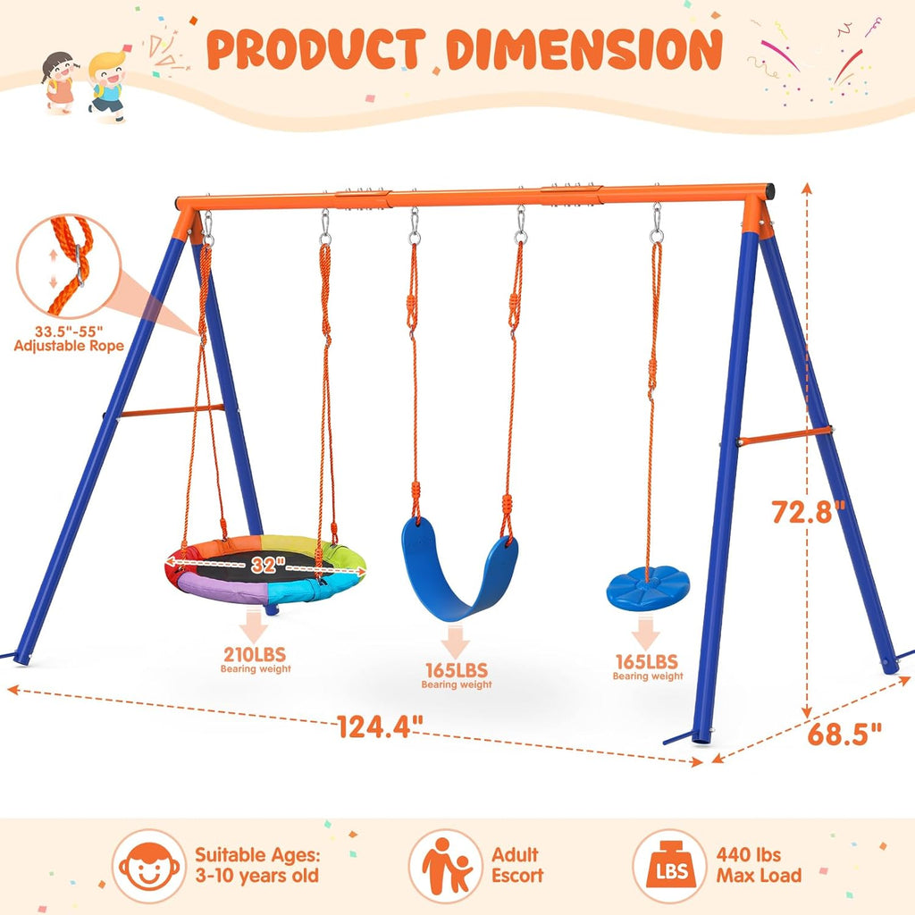Swing Sets for Backyard, 3 Seats with Saucer, Belt and Disc Swing | 3 stations for larger families: 32" saucer, 26"