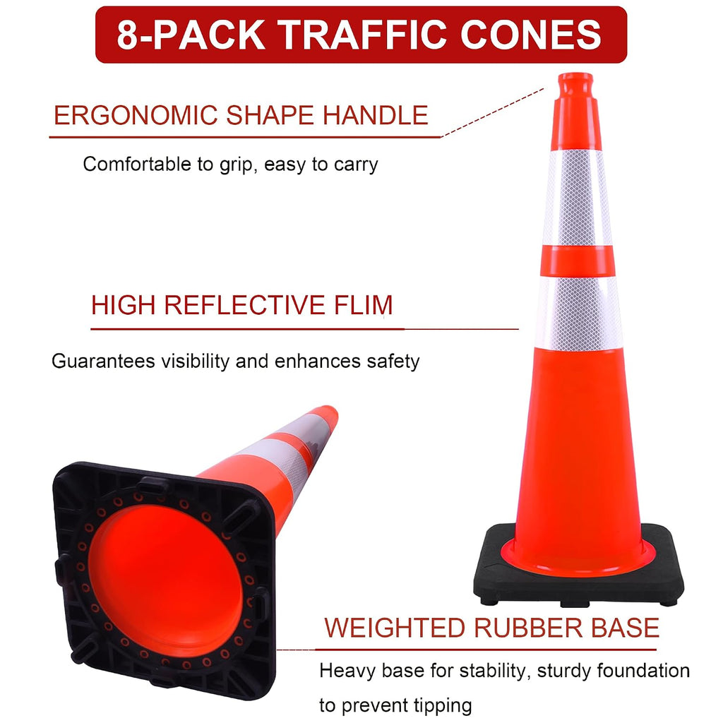 28 Inch Orange Traffic Cones 8-Pack, Heavy Duty PVC Safety Cones | 2 Reflective Collars, Weighted Rubber Base for
