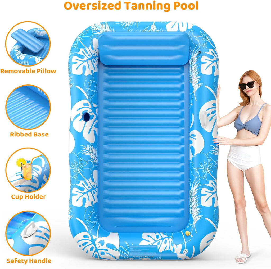 Inflatable Tanning Pool Lounger Float with Sprinkler, 77" x 48" Pool Floats Adult with Pillow, 6 in 1 Suntan Tub Raft