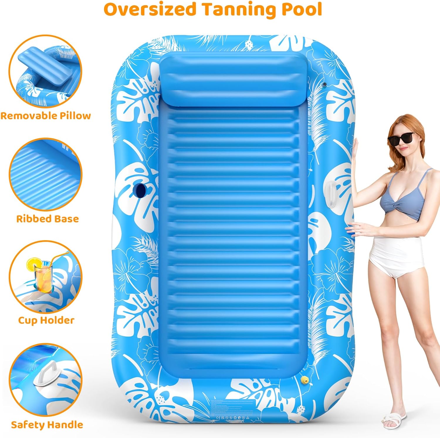 Inflatable Tanning Pool Lounger Float with Sprinkler, 77" x 48" Pool Floats Adult with Pillow, 6 in 1 Suntan Tub Raft