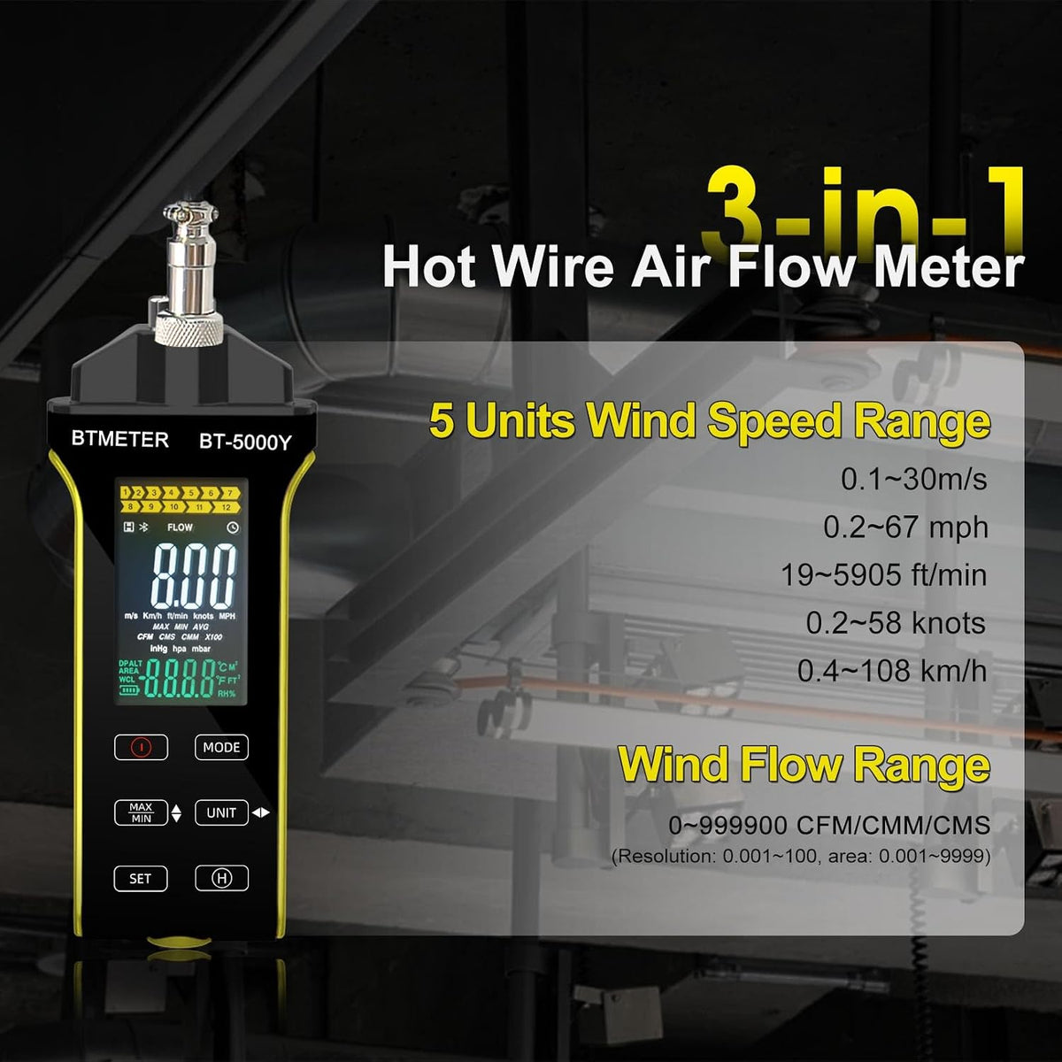 BTMETER Hot Wire Anemometer - CFM/CMM Air Flow Meter Measuring 0.2-67 Mph